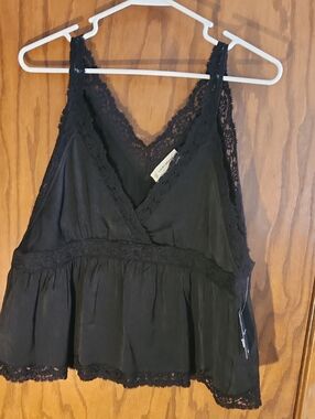 Lucky Brand Black Lace-Trim V-Neck Peplum Camisole
